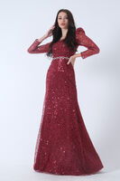 Bordo Kare Yaka Kolları Transparan Abiye Elbise 9705196.04 - 2