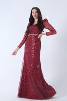 Bordo Kare Yaka Kolları Transparan Abiye Elbise 9705196.04 - 3