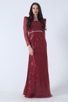 Bordo Kare Yaka Kolları Transparan Abiye Elbise 9705196.04 - 4