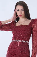 Bordo Kare Yaka Kolları Transparan Abiye Elbise 9705196.04 - 7