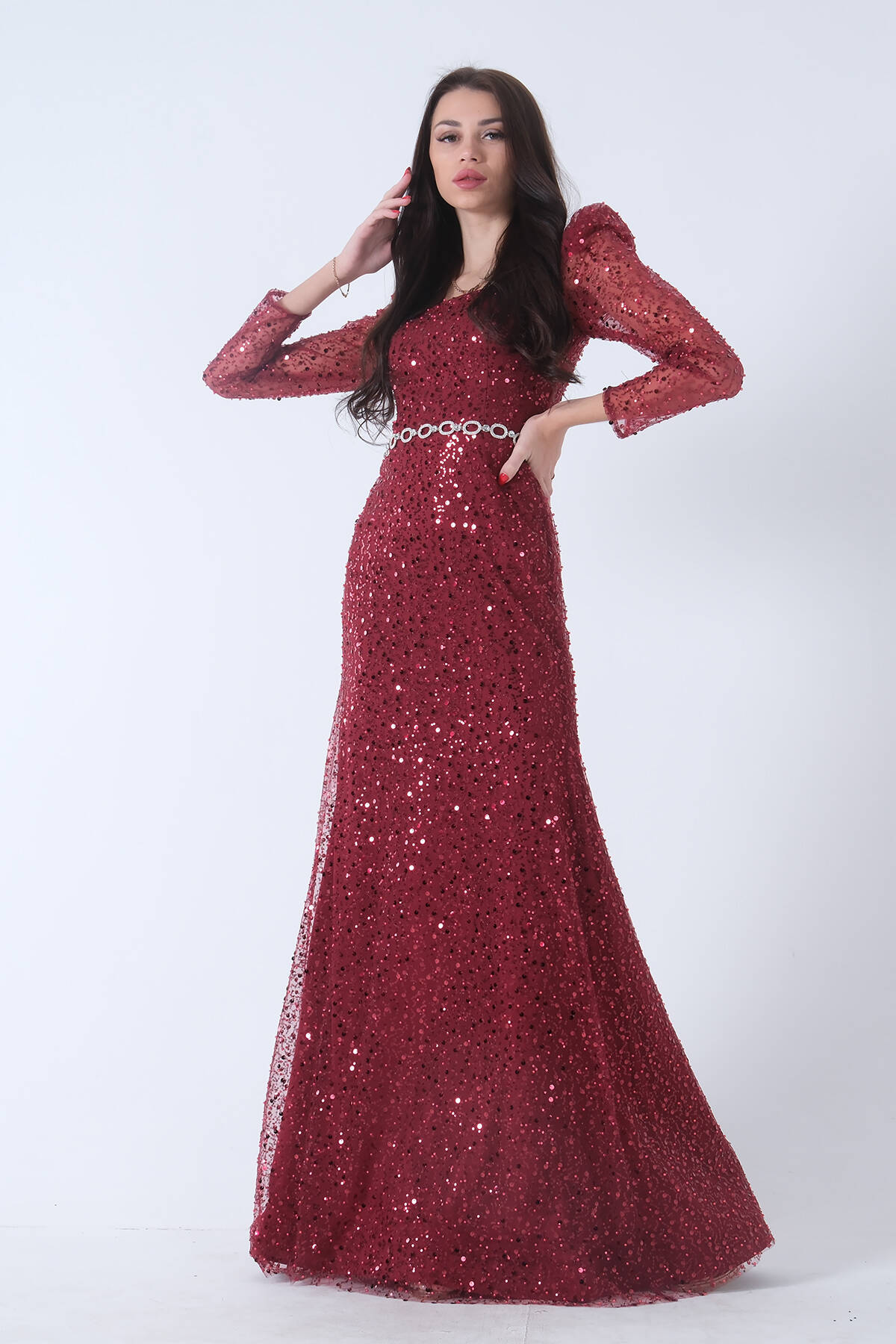 Bordo Kare Yaka Kolları Transparan Abiye Elbise 9705196.04 - Ardanewline (1)