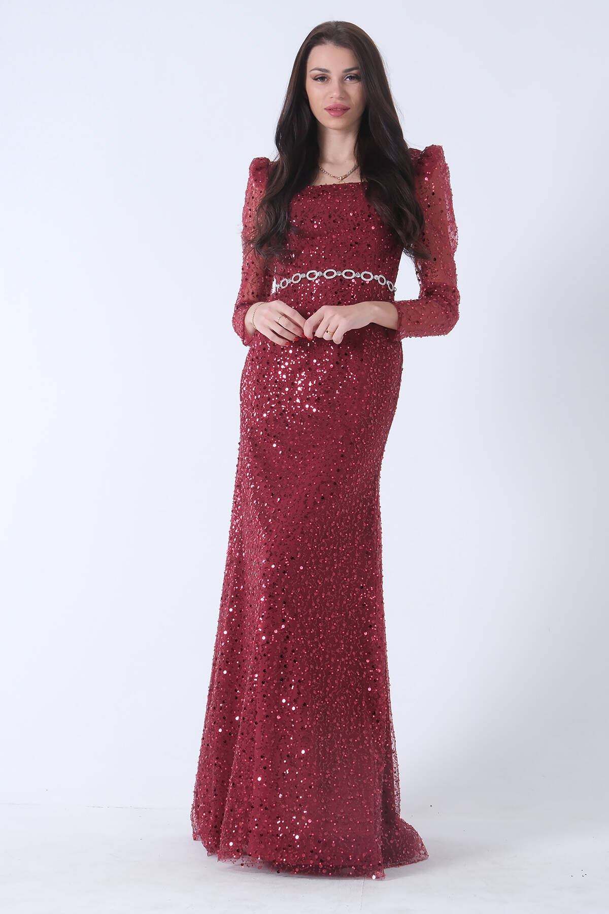 Bordo Kare Yaka Kolları Transparan Abiye Elbise 9705196.04 - Ardanewline