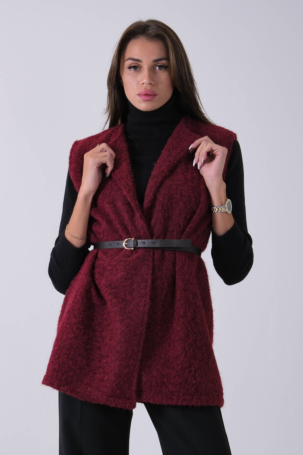 Bordo Kemerli Yünlü Kaşe Yelek 31070196.04 - Ardanewline