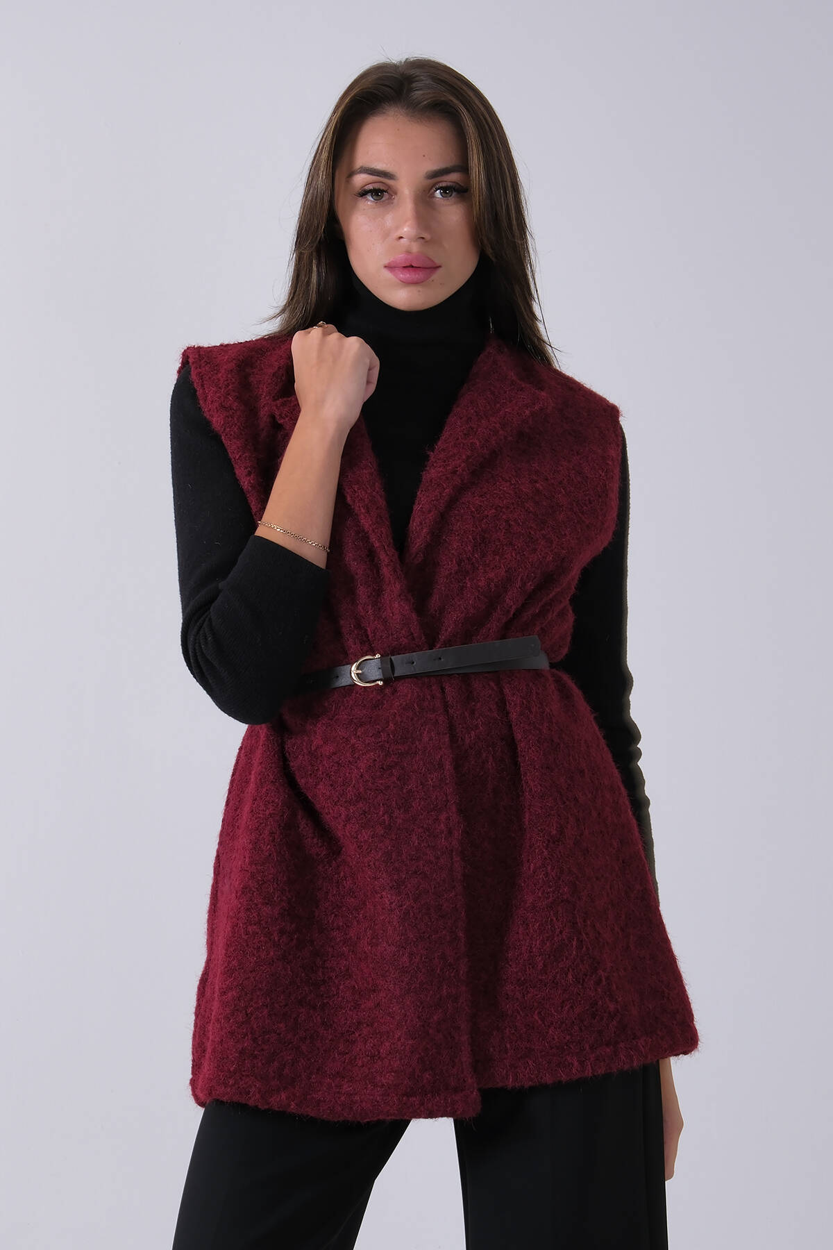 Bordo Kemerli Yünlü Kaşe Yelek 31070196.04 - Ardanewline (1)