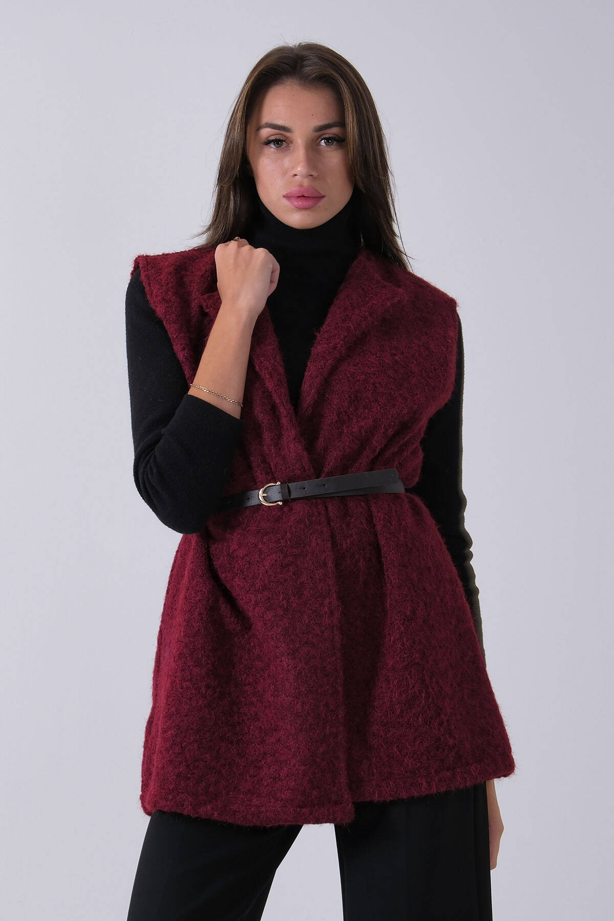 Bordo Kemerli Yünlü Kaşe Yelek 31070196.04 - Ardanewline (1)