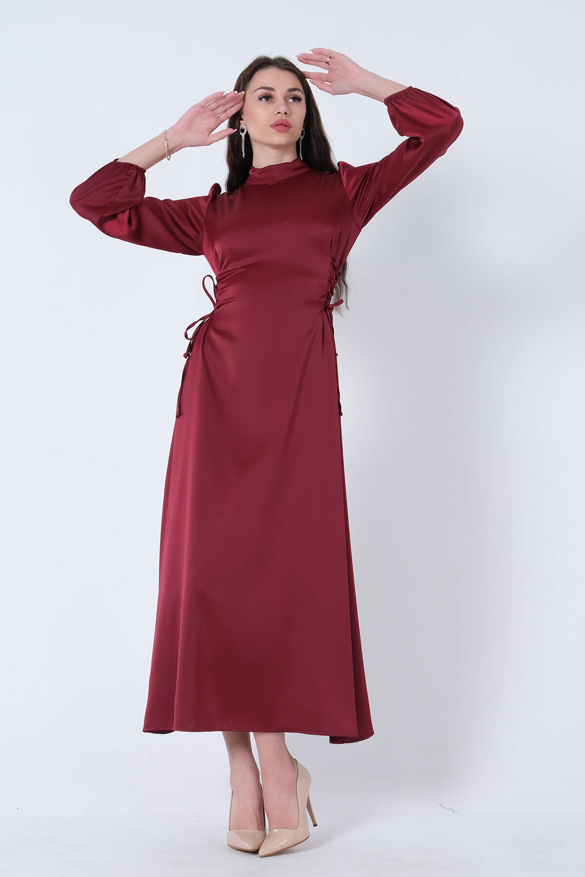 Bordo Kolları Volanlı Yandan Bağlama İp Detaylı Elbise 31061422.04 - Ardanewline