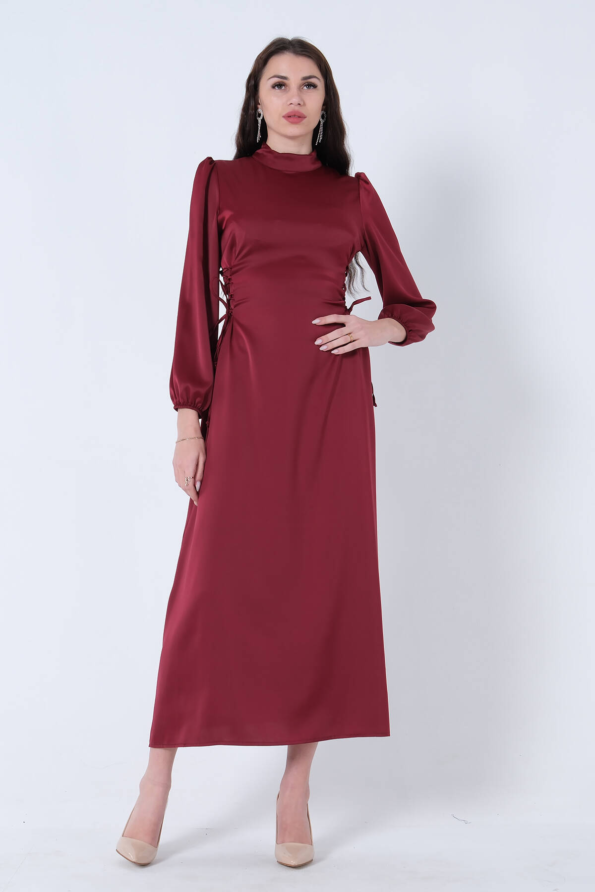 Bordo Kolları Volanlı Yandan Bağlama İp Detaylı Elbise 31061422.04 - Ardanewline (1)