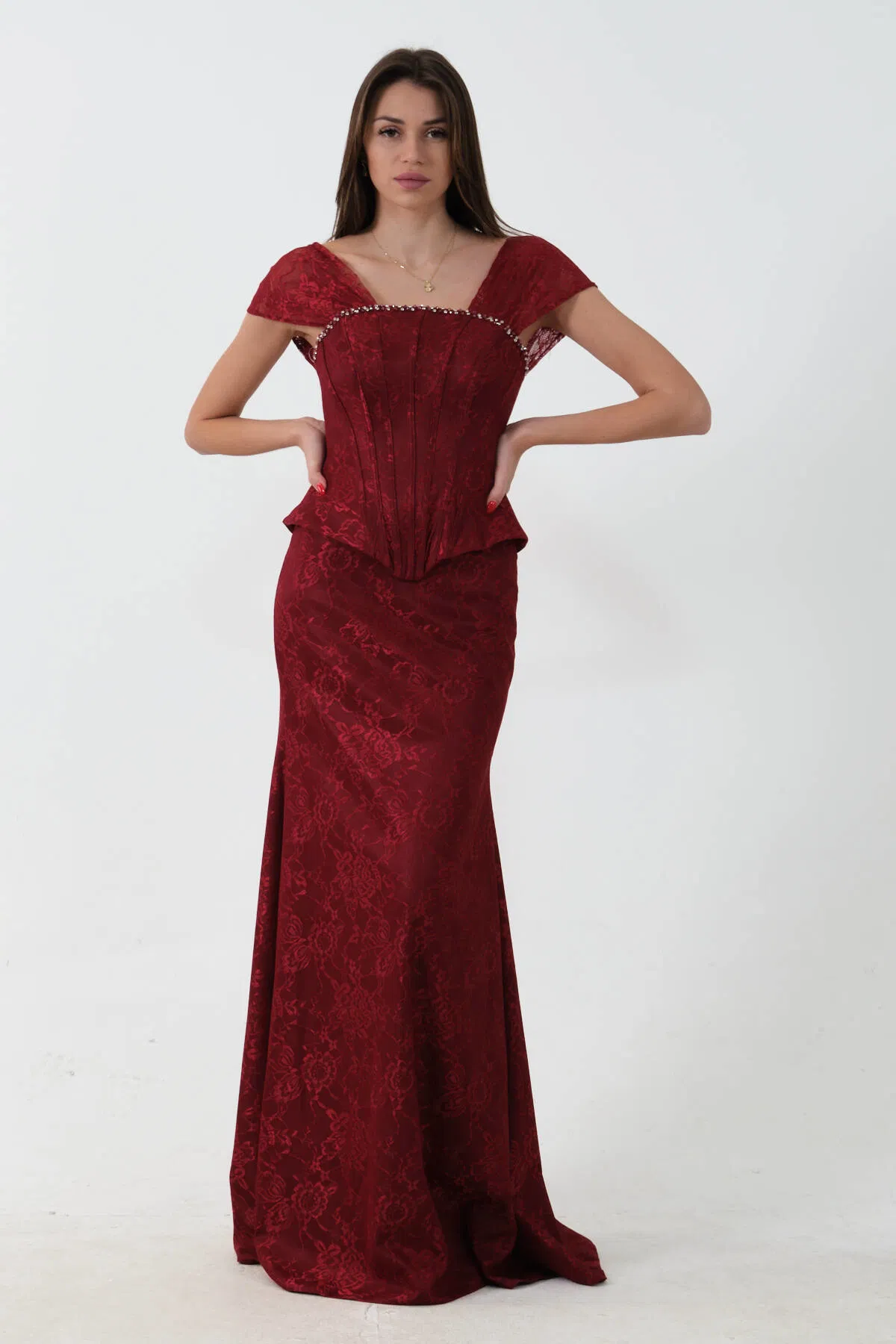 Bordo Korse Detaylı Dantel Kapamalı Düşük Omuz Abiye 9705791.04 - Ardanewline