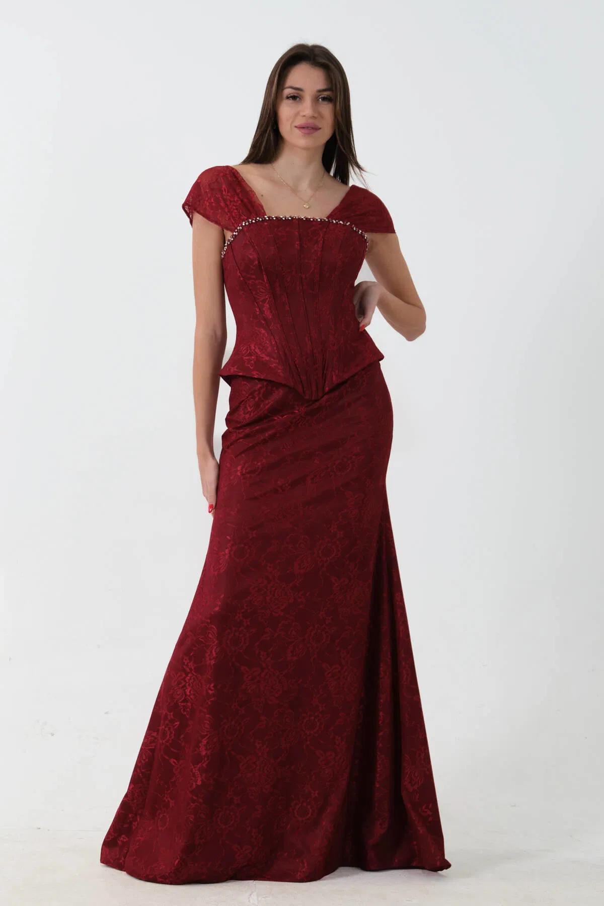 Bordo Korse Detaylı Dantel Kapamalı Düşük Omuz Abiye 9705791.04 - Ardanewline (1)