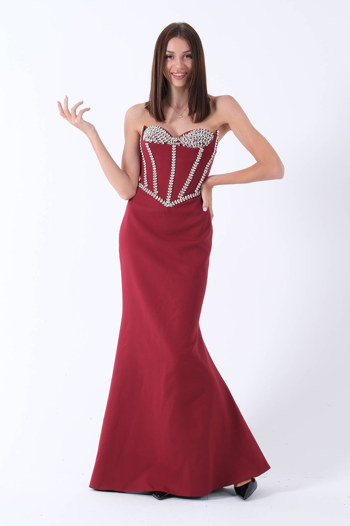 Bordo Kristal İşlemeli Taşlı Korseli Straplez Abiye 9705986.04 - ArdaNewline