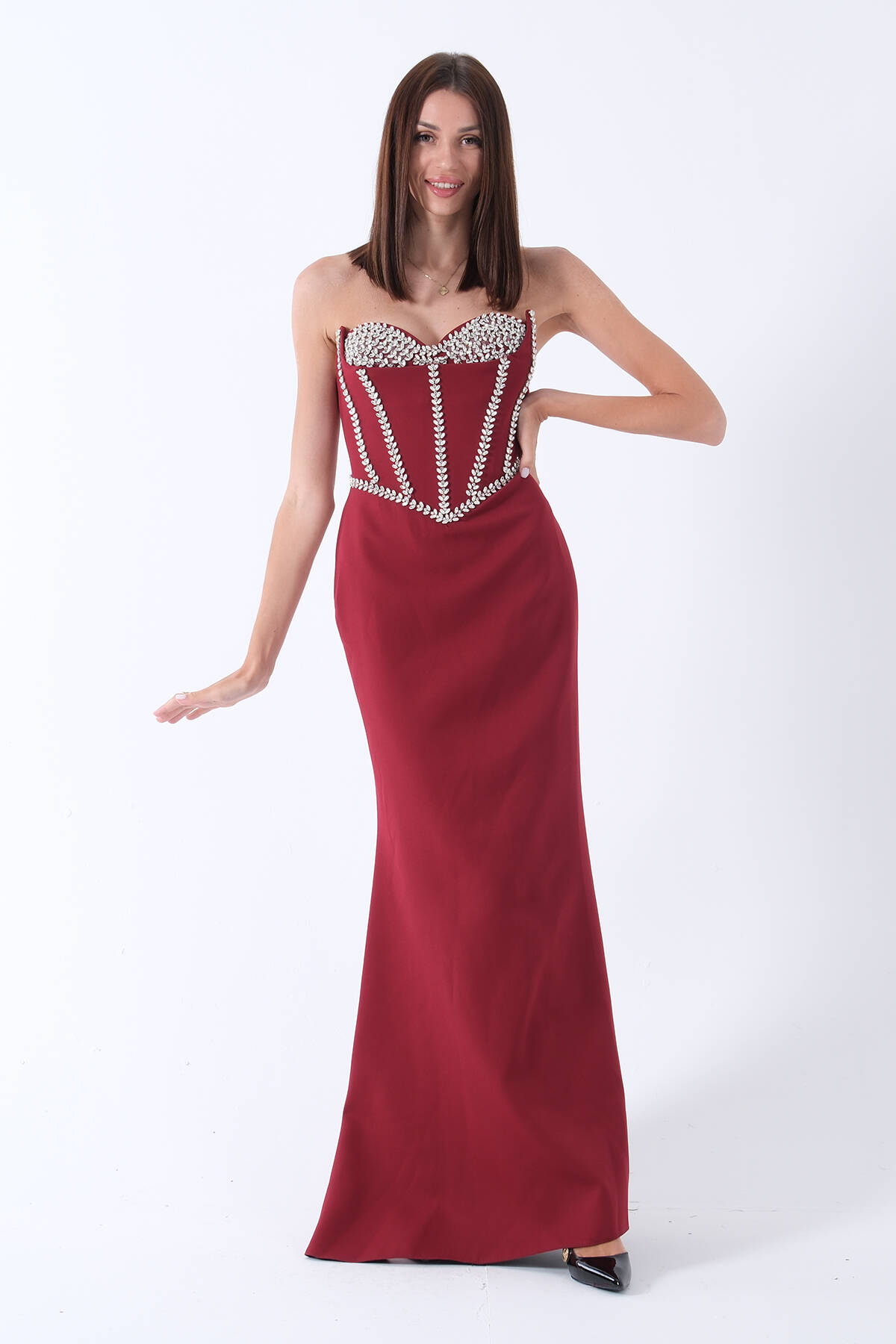 Bordo Kristal İşlemeli Taşlı Korseli Straplez Abiye 9705986.04 - ArdaNewline (1)