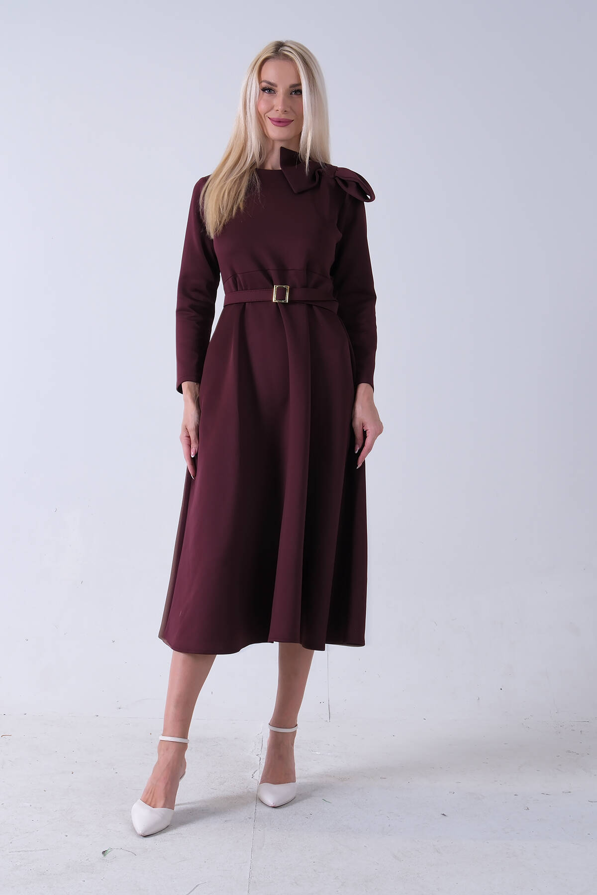 Bordo Omuz Fiyonk Detaylı Kemerli Bisiklet Yaka Scuba Tesettür Elbise 4593456.04 - Ardanewline (1)