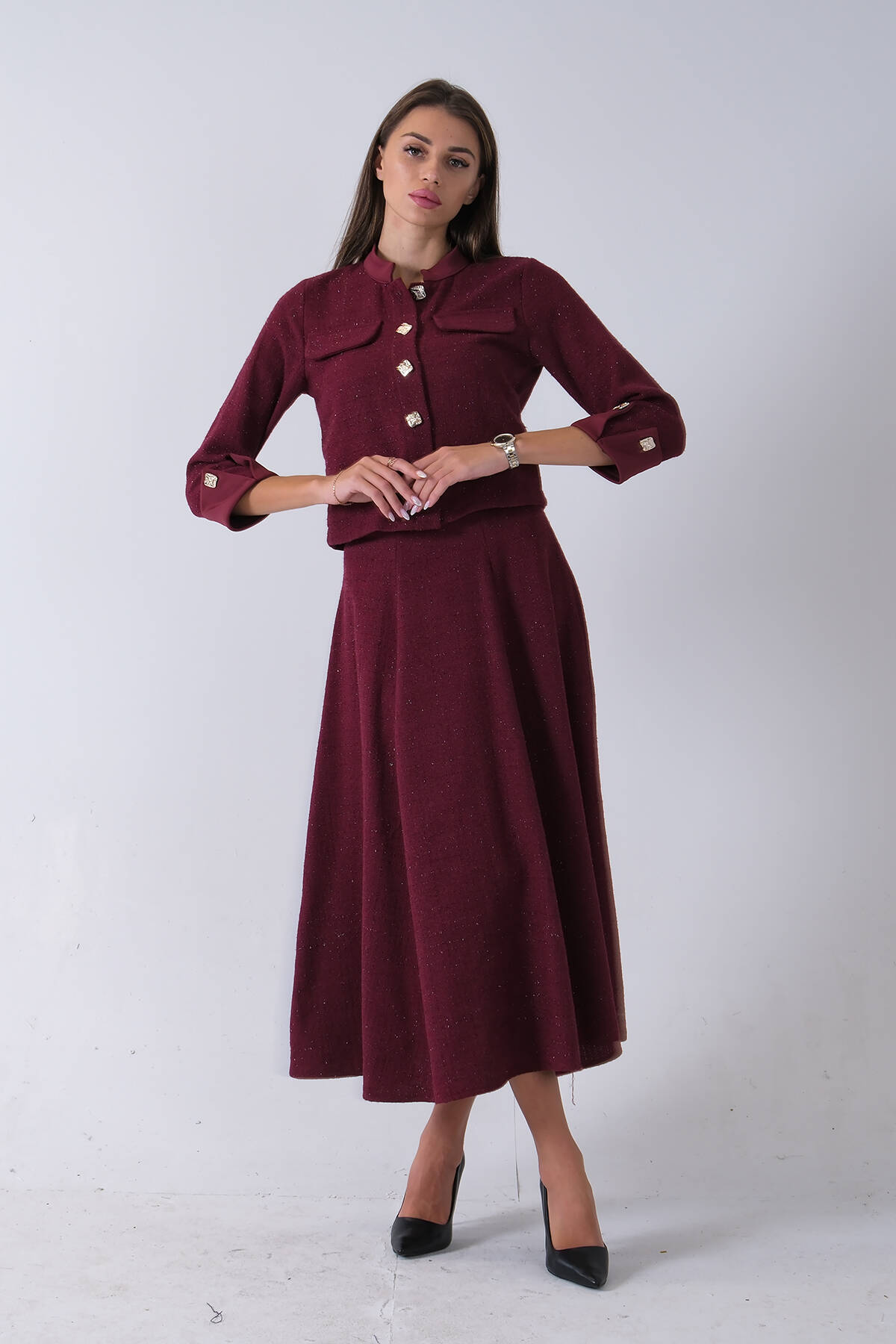 Bordo Önü Düğme Kapamalı Crop Ceket Etekli Tüvid Takım 45950601.04 - Ardanewline (1)