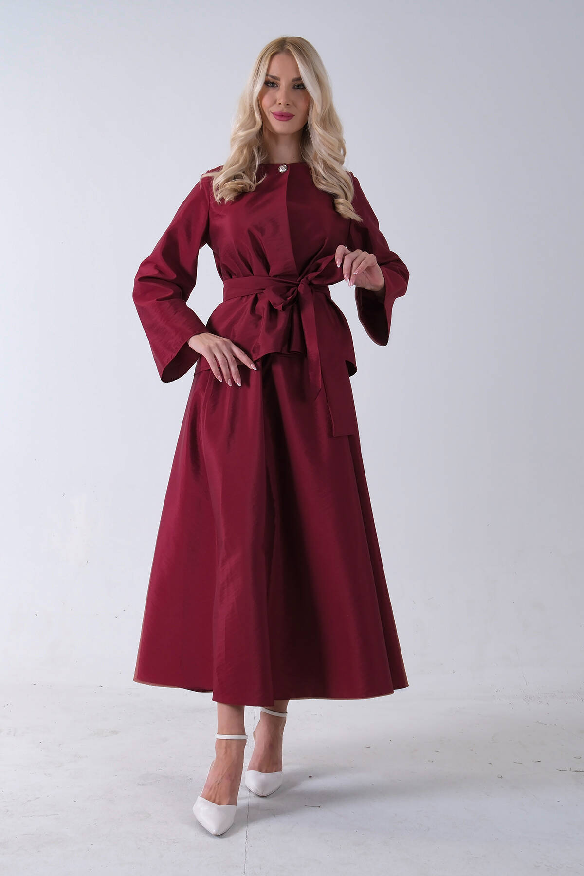 Bordo Önü Tek Düğmeli Kuşaklı Etek Ceket 31040701.04 - Ardanewline