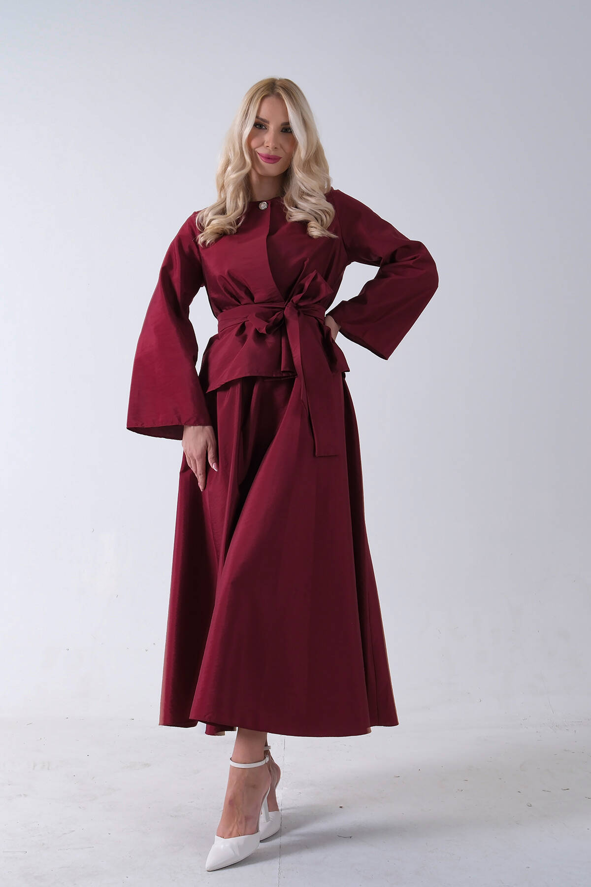 Bordo Önü Tek Düğmeli Kuşaklı Etek Ceket 31040701.04 - Ardanewline (1)