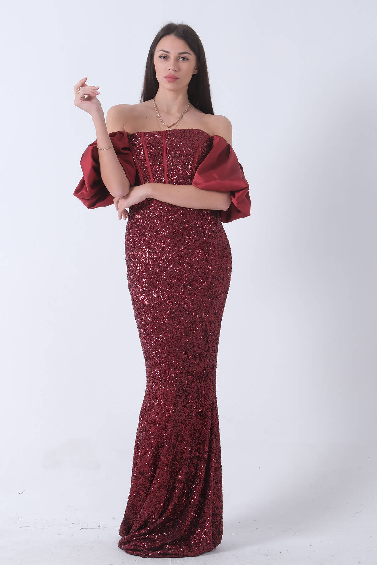 Bordo Pul Payetli Balon Kol Abiye 9705296.04 - Ardanewline (1)
