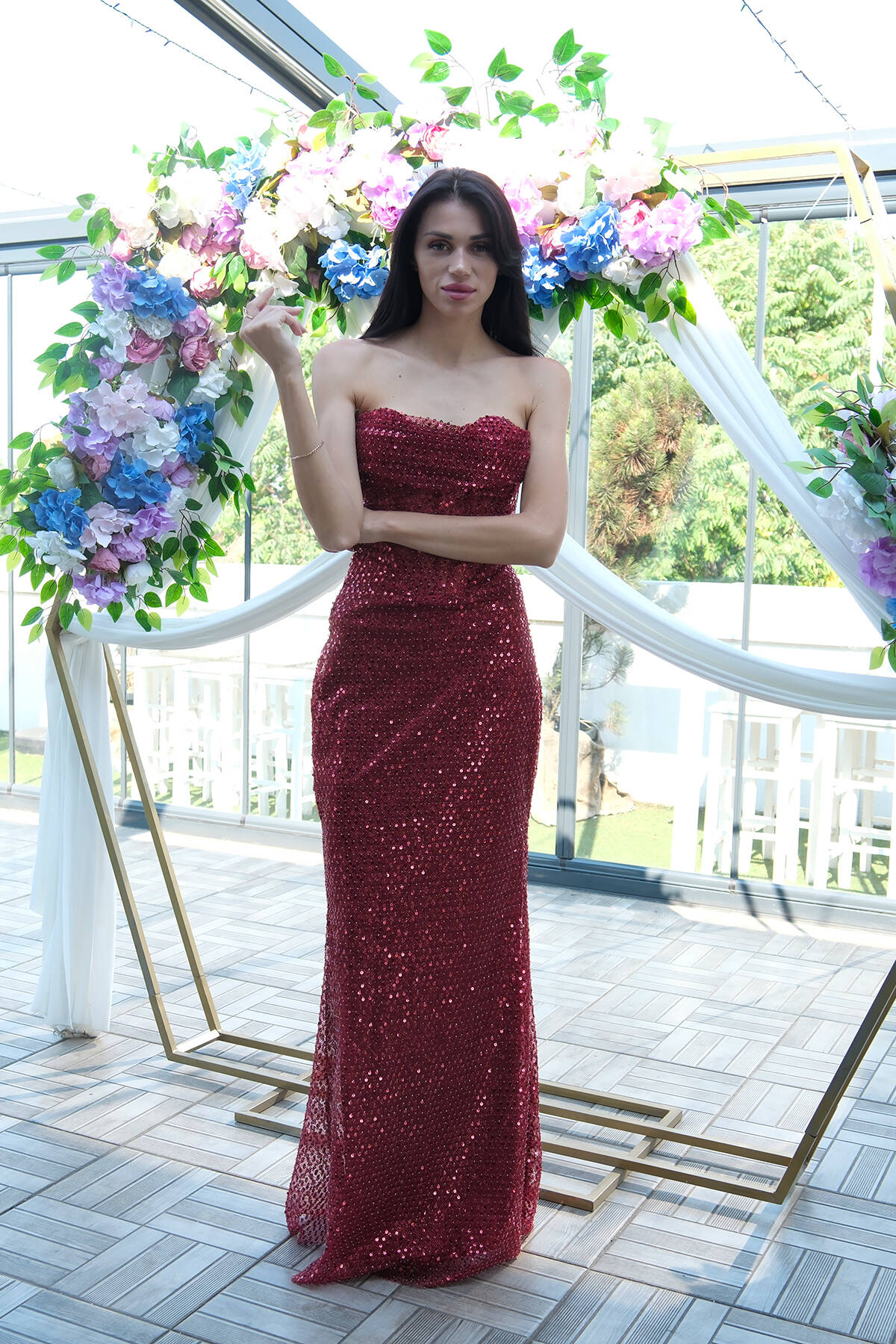 Bordo Pul Taş İşlemeli Straplez Balık Abiye 9705304.04 - Ardanewline (1)