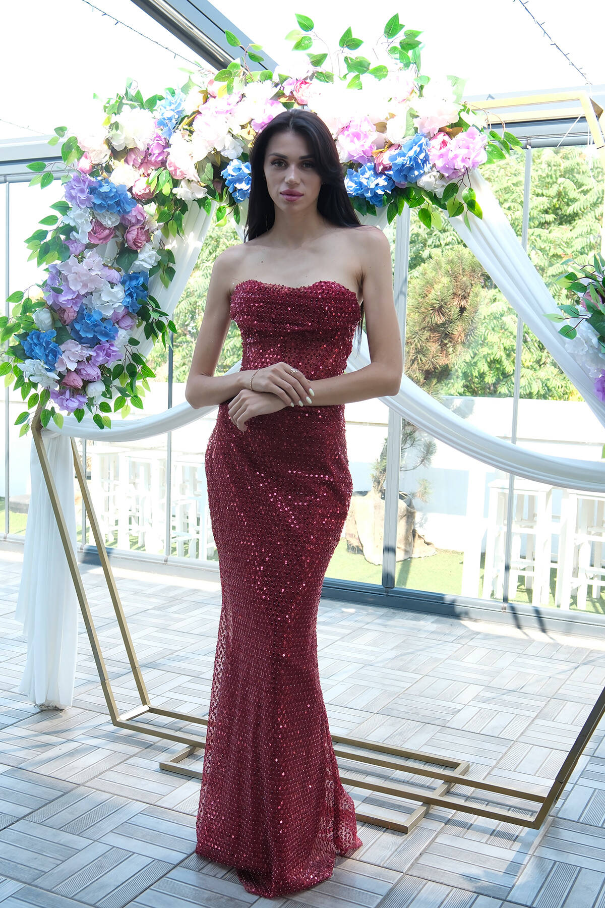 Bordo Pul Taş İşlemeli Straplez Balık Abiye 9705304.04 - Ardanewline