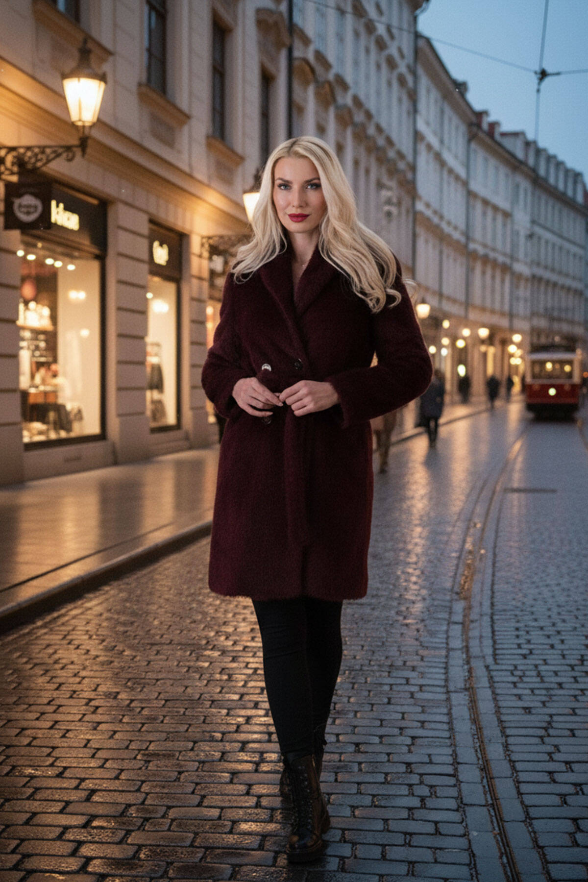 Bordo Şal Yaka Çift Cepli Düğme Kapamalı Kemerli Peluş Kaban 0108088.04 - Ardanewline