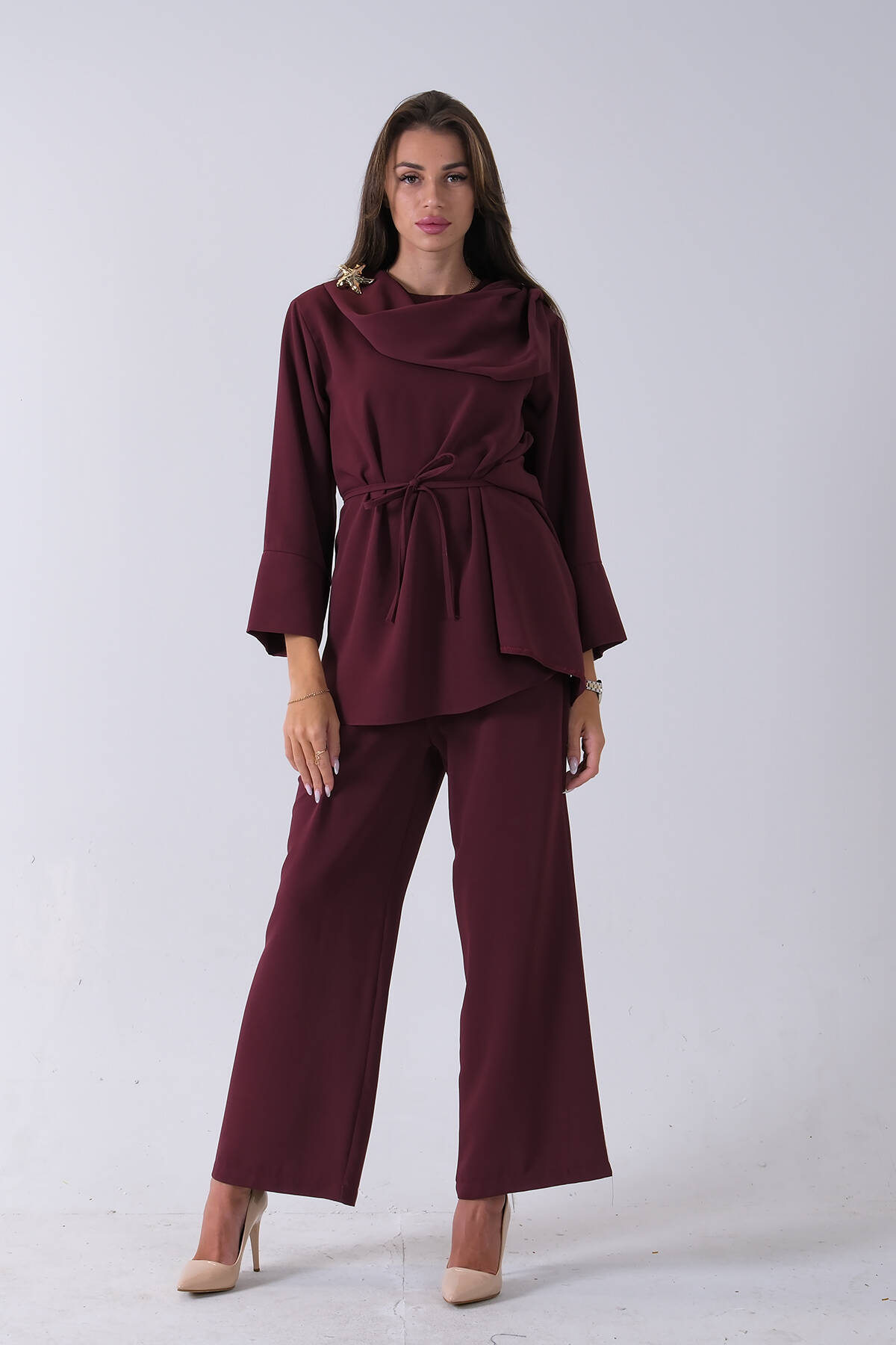 Bordo Şal Yaka Üzeri Broş Detaylı Pantolonlu Takım 4592270.04 - Ardanewline