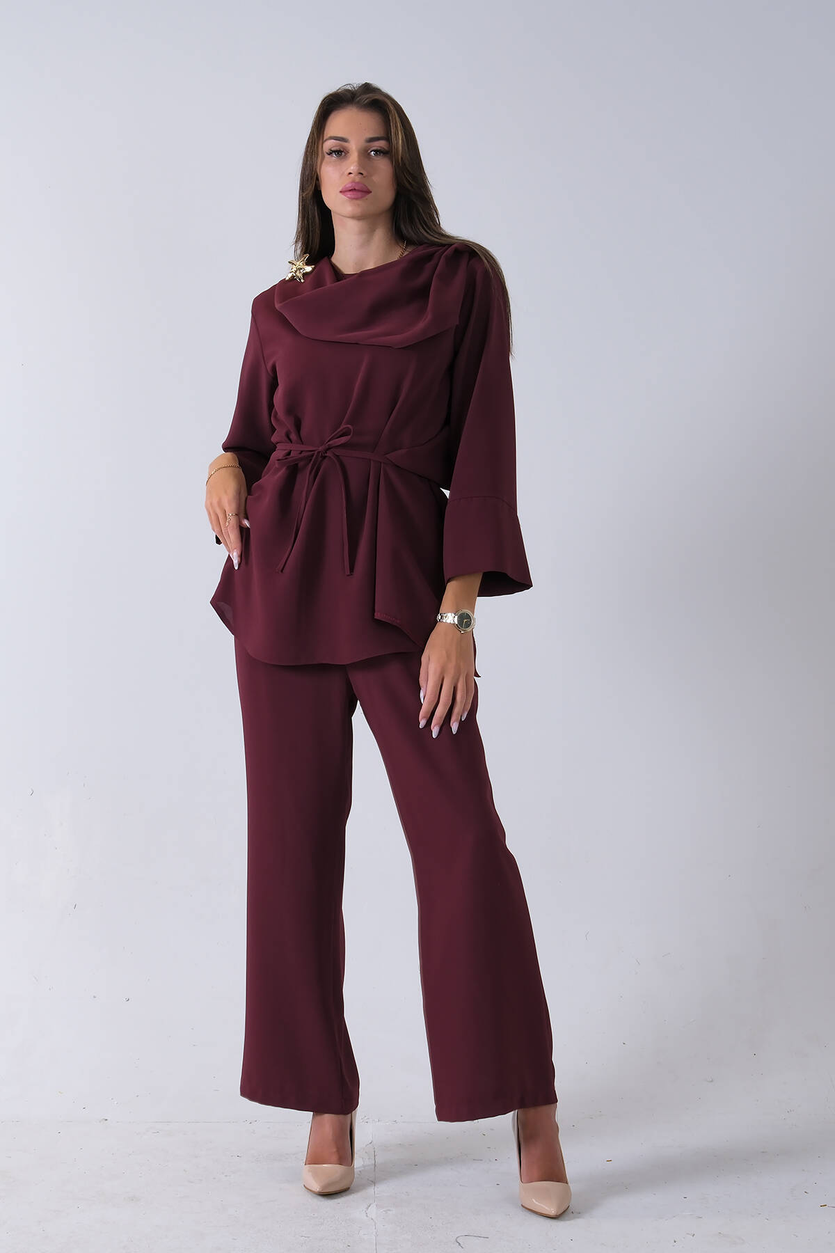 Bordo Şal Yaka Üzeri Broş Detaylı Pantolonlu Takım 4592270.04 - Ardanewline (1)