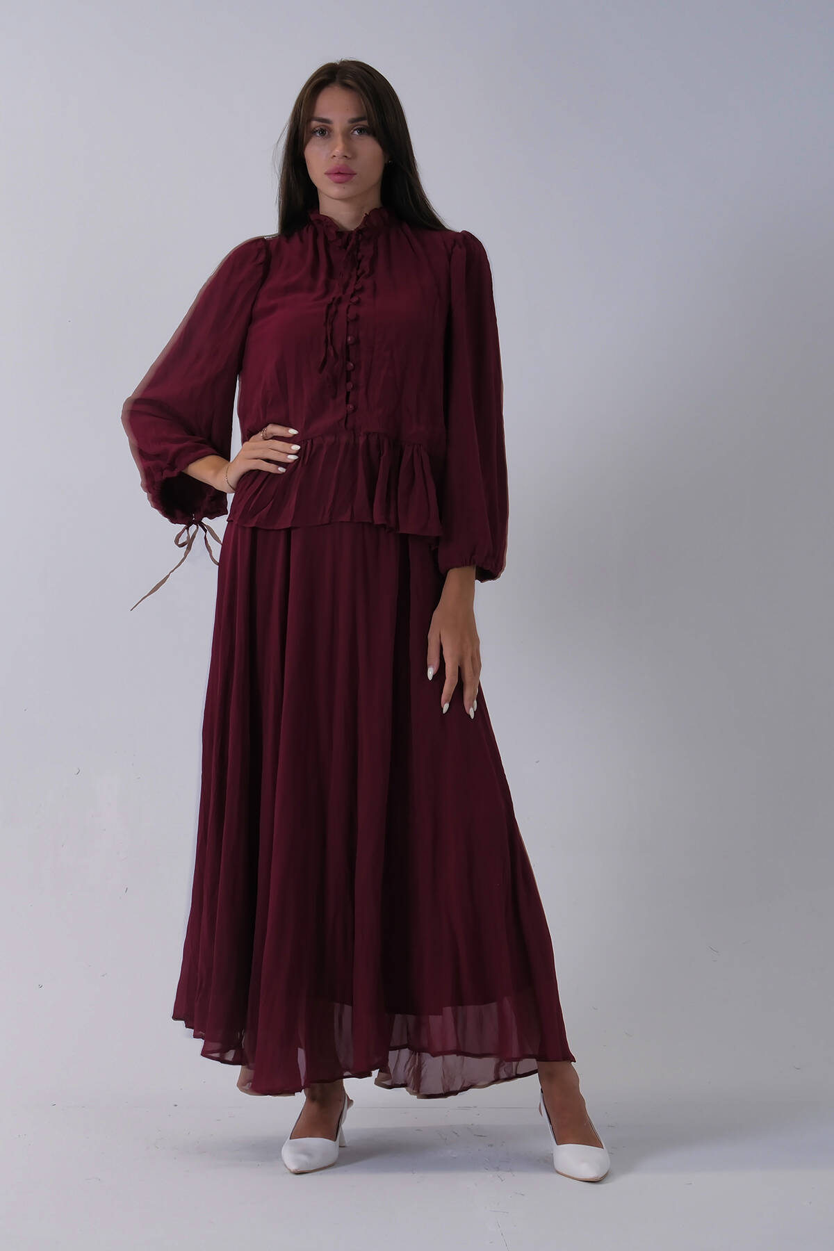 Bordo Şifon Etek Bluz 2'li Takım 530760.04 - Ardanewline