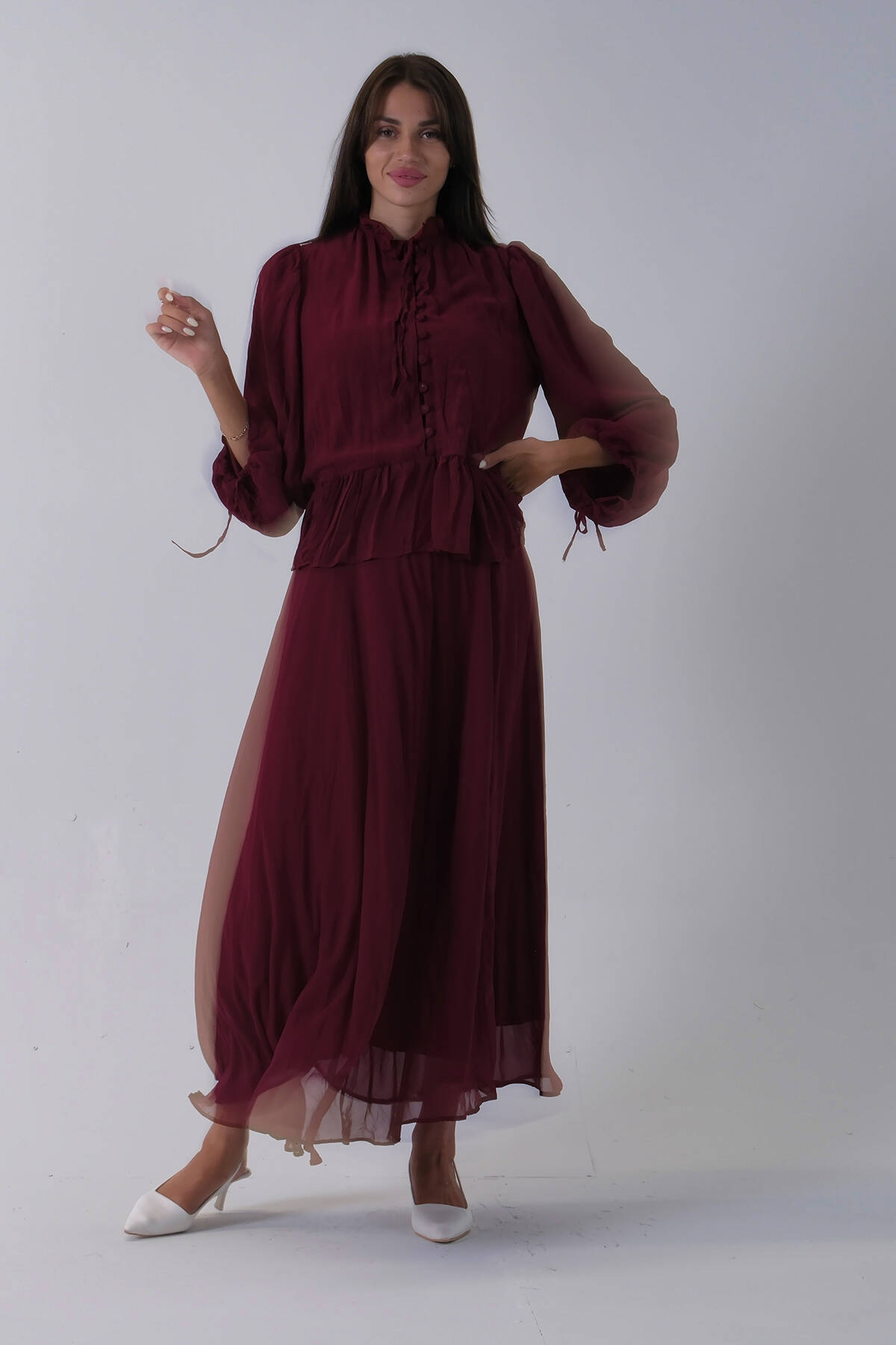 Bordo Şifon Etek Bluz 2'li Takım 530760.04 - Ardanewline (1)