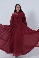 Bordo Şifon Vintage Tesettür Abiye 9705249.04 - 1