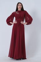 Bordo Şifon Vintage Tesettür Abiye 9705249.04 - 3