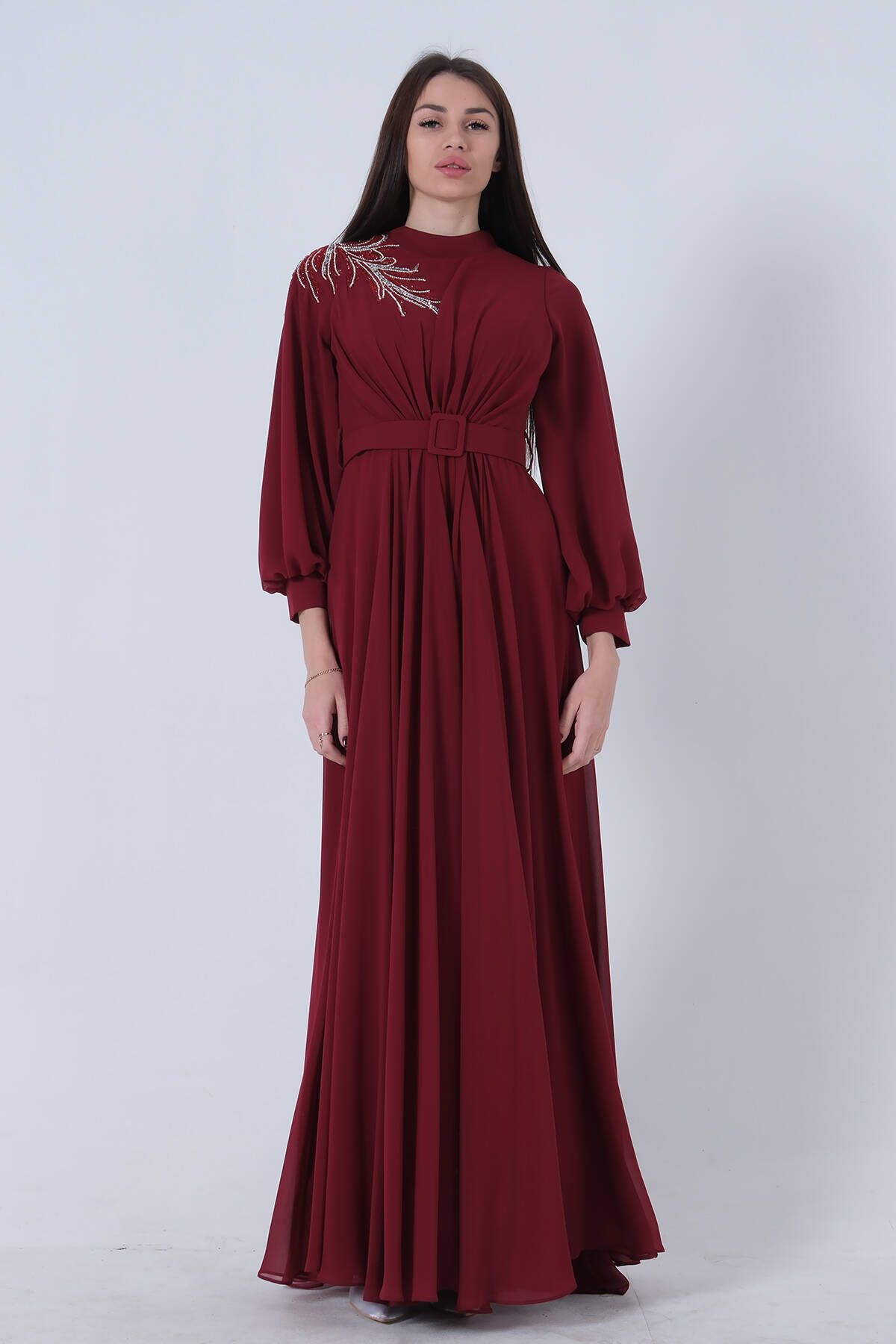 Bordo Şifon Vintage Tesettür Abiye 9705249.04 - Ardanewline (1)