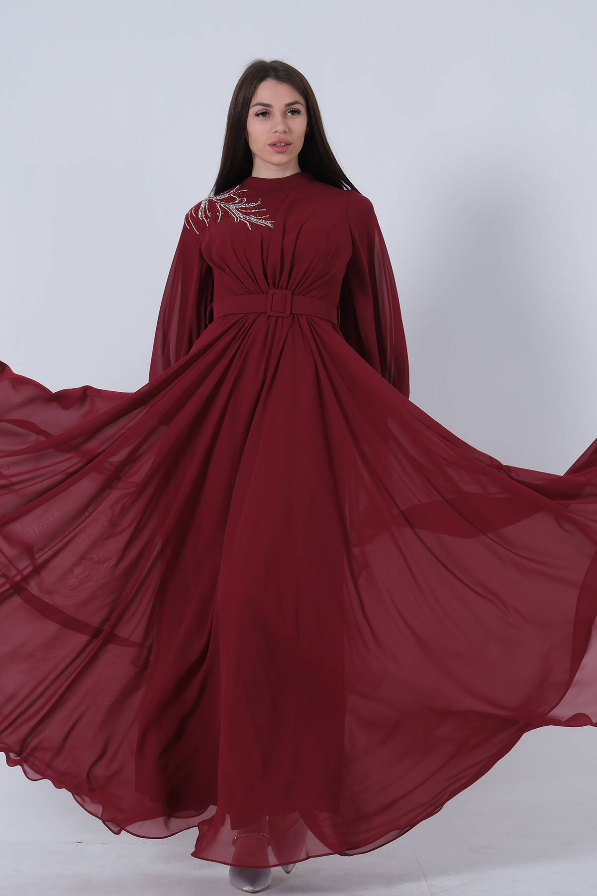 Bordo Şifon Vintage Tesettür Abiye 9705249.04 - Ardanewline