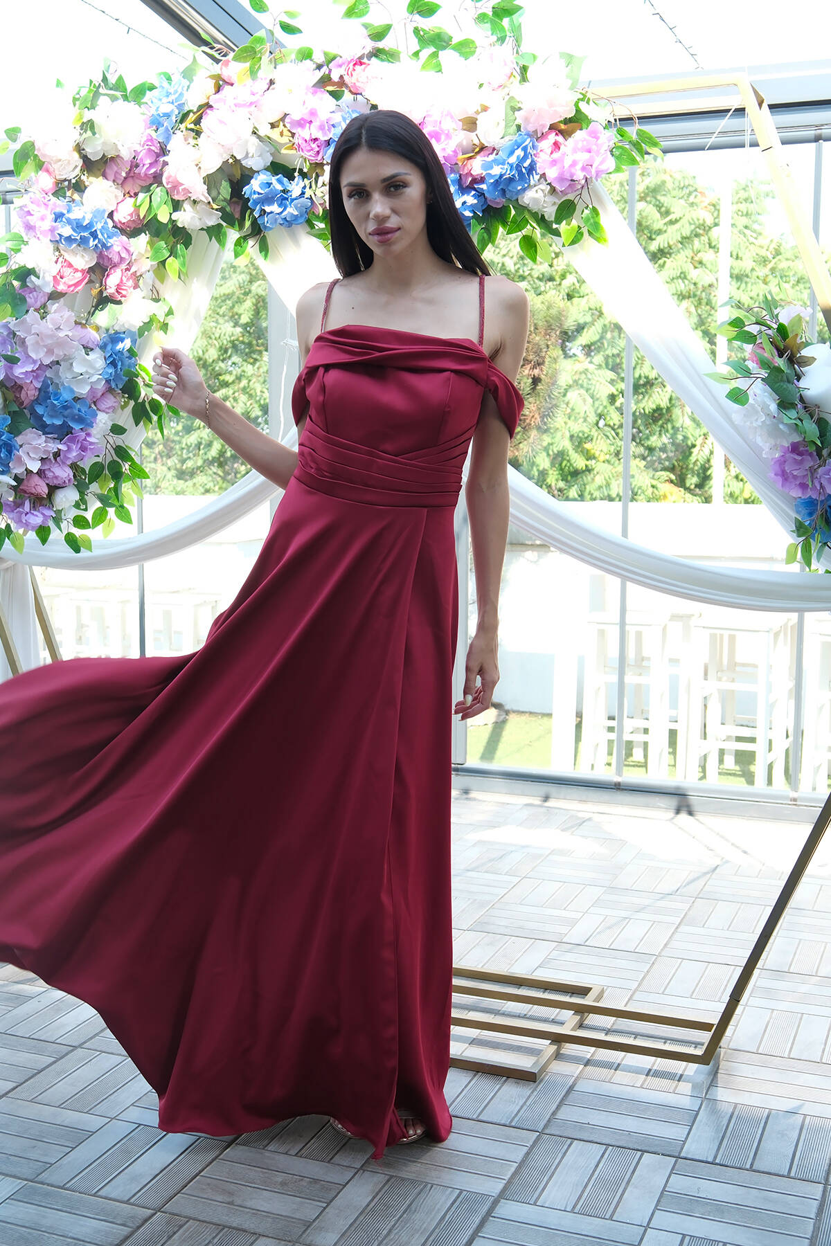 Bordo Taş Askılı Düşük Kol Saten Abiye 0806118.04 - Ardanewline