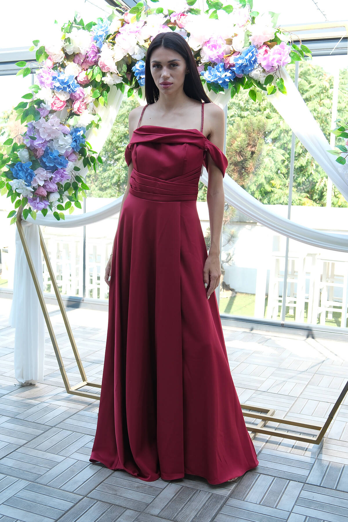 Bordo Taş Askılı Düşük Kol Saten Abiye 0806118.04 - Ardanewline (1)