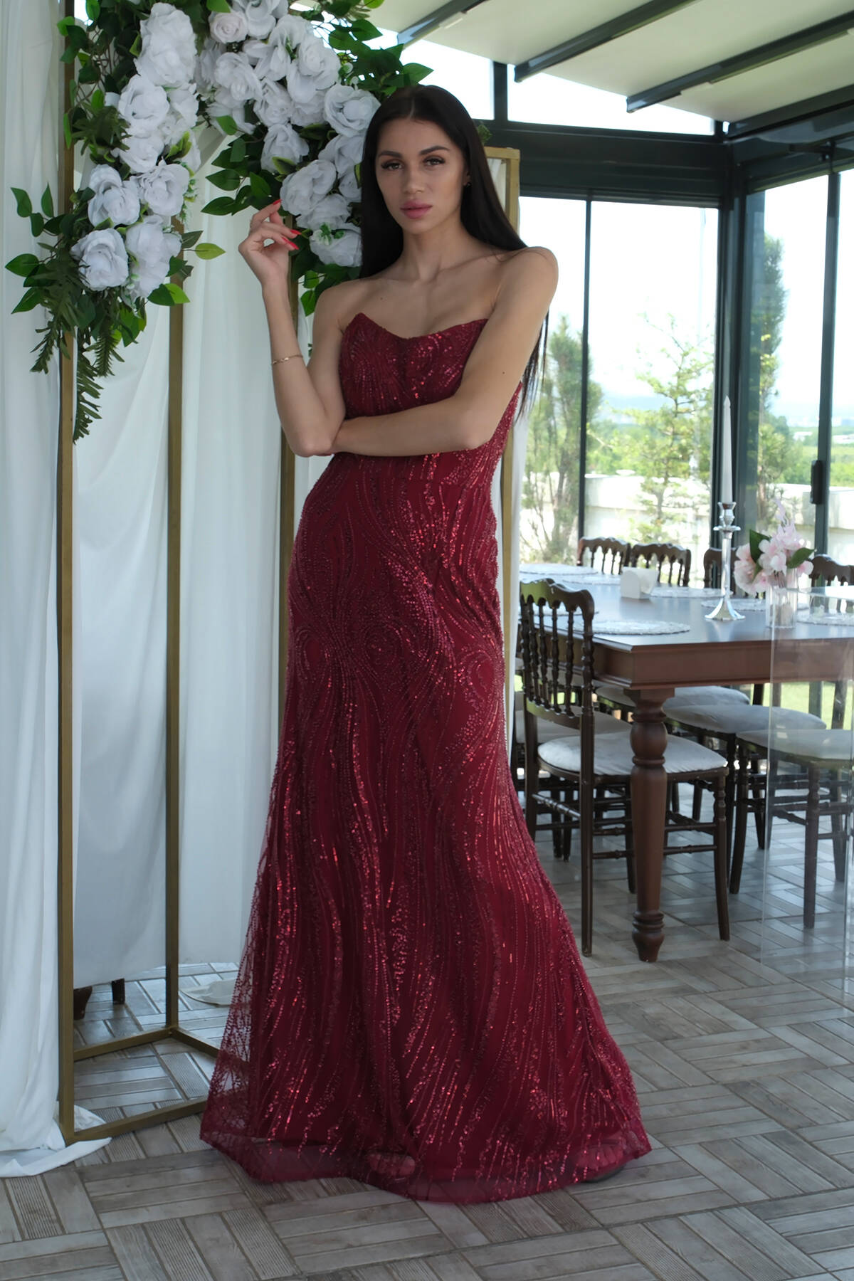 Bordo Taş İşlemeli Uzun Balık Abiye 0801056.04 - Ardanewline