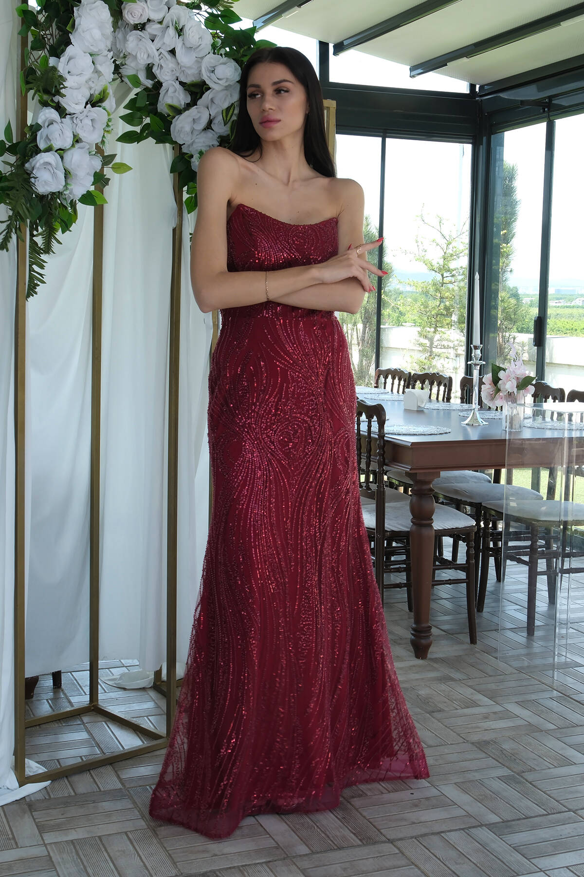 Bordo Taş İşlemeli Uzun Balık Abiye 0801056.04 - Ardanewline (1)