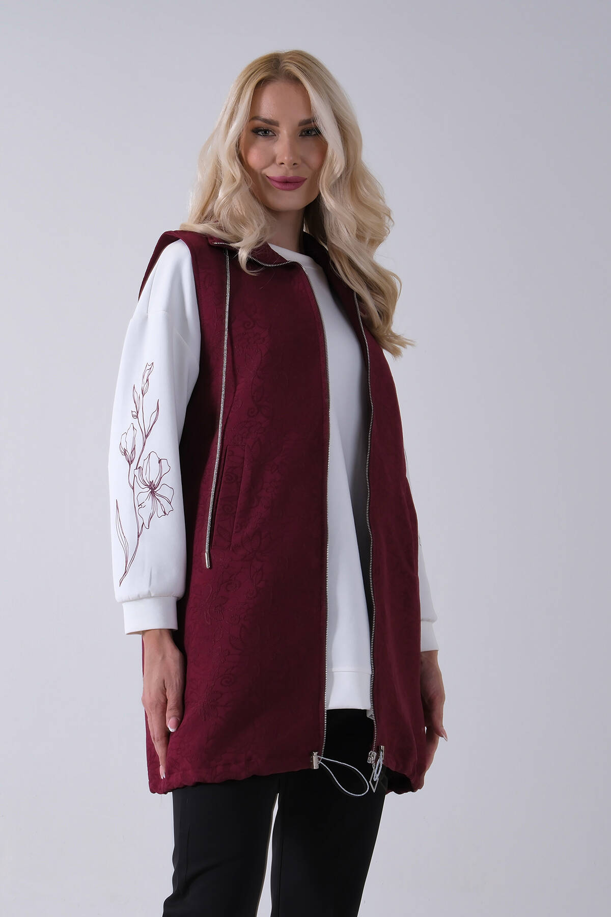 Bordo Tunik Kolu Çiçek Desenli Yelekli 2'li Takım 940120274.04 - Ardanewline (1)