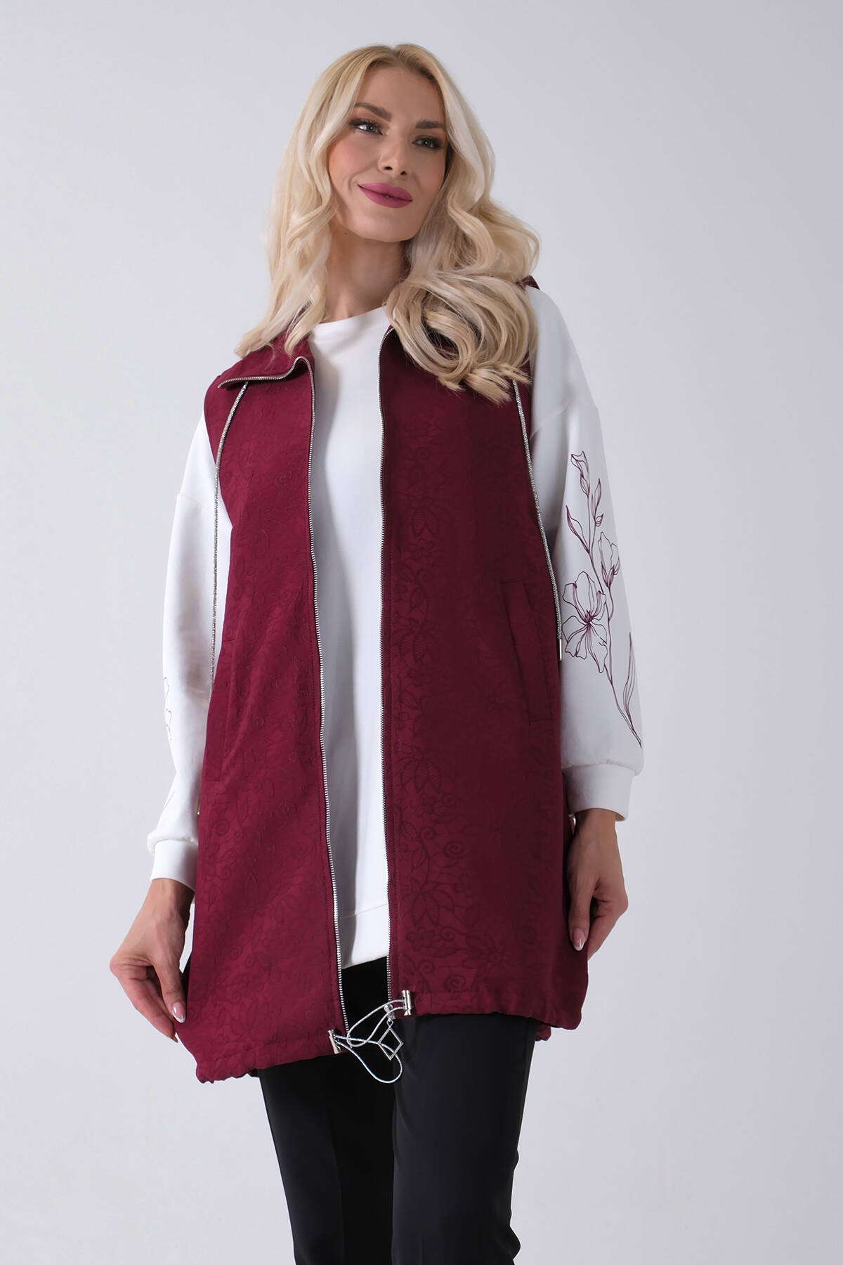 Bordo Tunik Kolu Çiçek Desenli Yelekli 2'li Takım 940120274.04 - Ardanewline