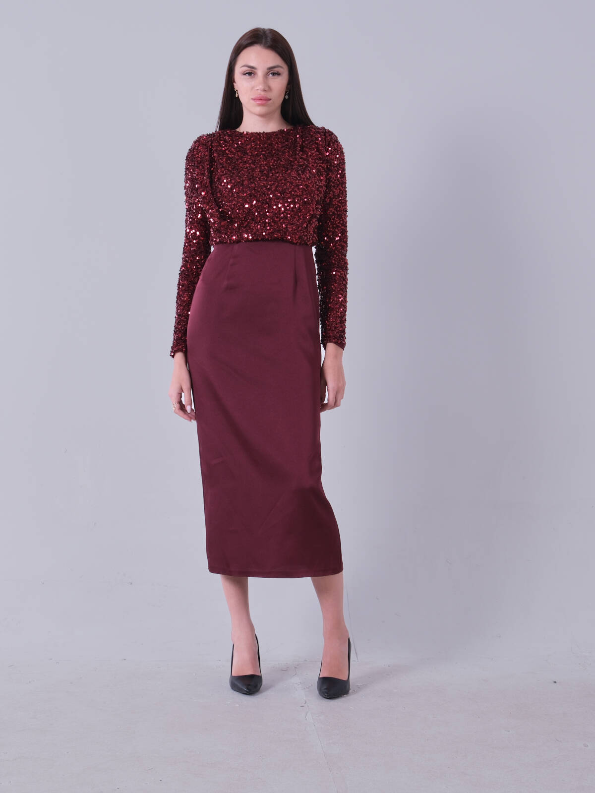 Bordo Üst Pul Payet İşlemeli Altı Krep Tesettür Abiye 6502503.04 - Ardanewline