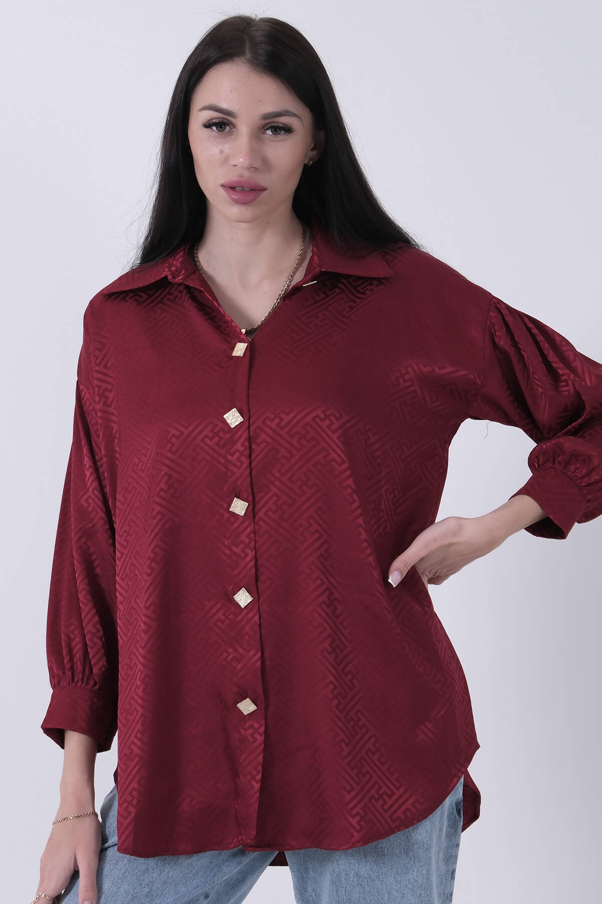 Bordo Üzeri Desenli Gold Düğme Detaylı Tunik 45951993.04 - Ardanewline