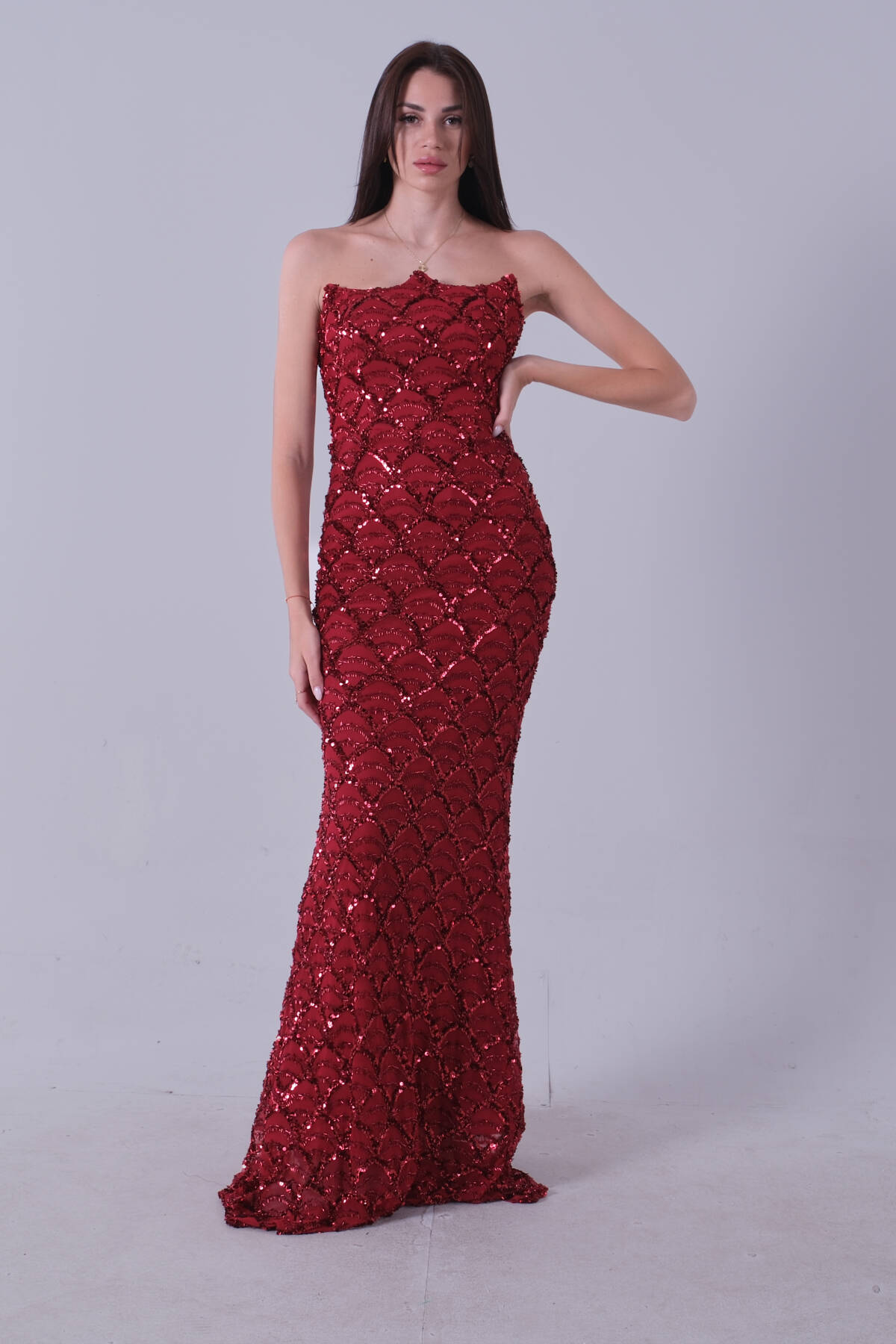 Bordo Üzeri Pul İşlemeli Straplez Balık Abiye 9705773.04 - Ardanewline