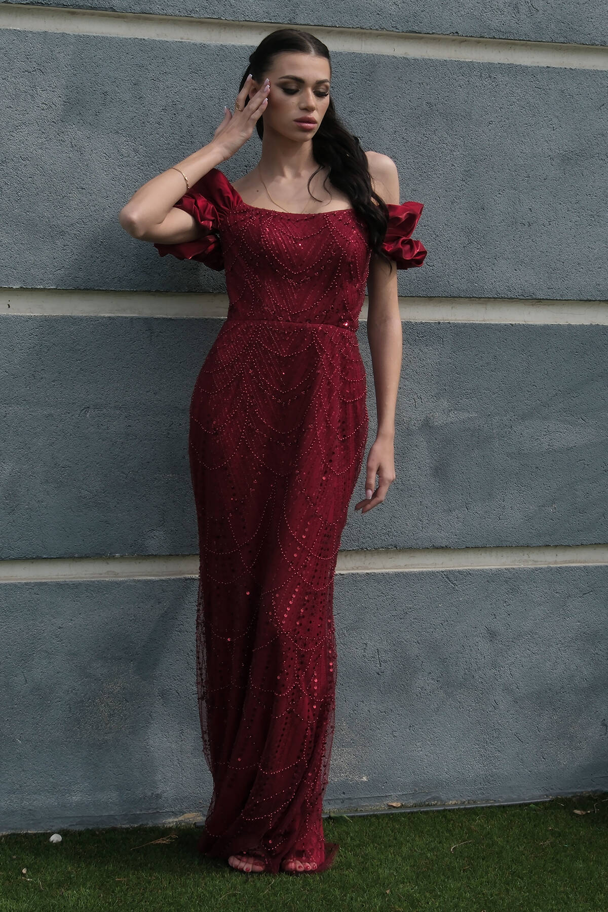 Bordo Üzeri Taş Boncuk İşlemeli Balon Kol Abiye 9705417.04 - Ardanewline