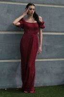Bordo Üzeri Taş Boncuk İşlemeli Balon Kol Abiye 9705417.04 - 1