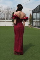 Bordo Üzeri Taş Boncuk İşlemeli Balon Kol Abiye 9705417.04 - 7