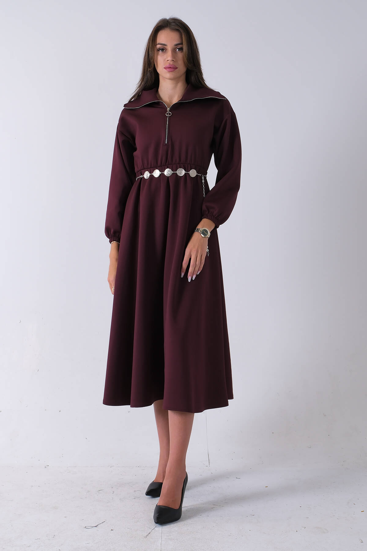 Bordo Yaka Fermuar Detaylı Bel ve Bileği Lastikli Kemerli Scuba Elbise 4593455.04 - Ardanewline