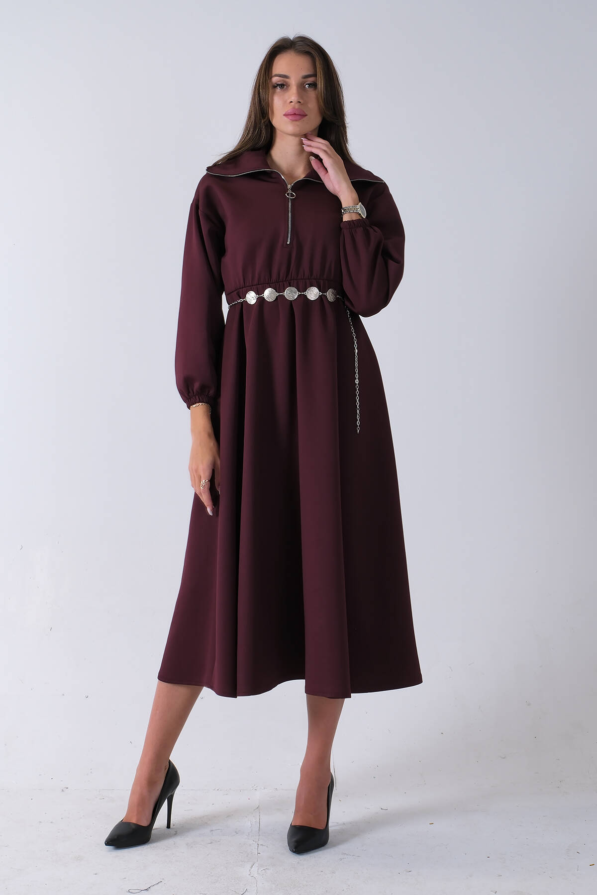 Bordo Yaka Fermuar Detaylı Bel ve Bileği Lastikli Kemerli Scuba Elbise 4593455.04 - Ardanewline (1)