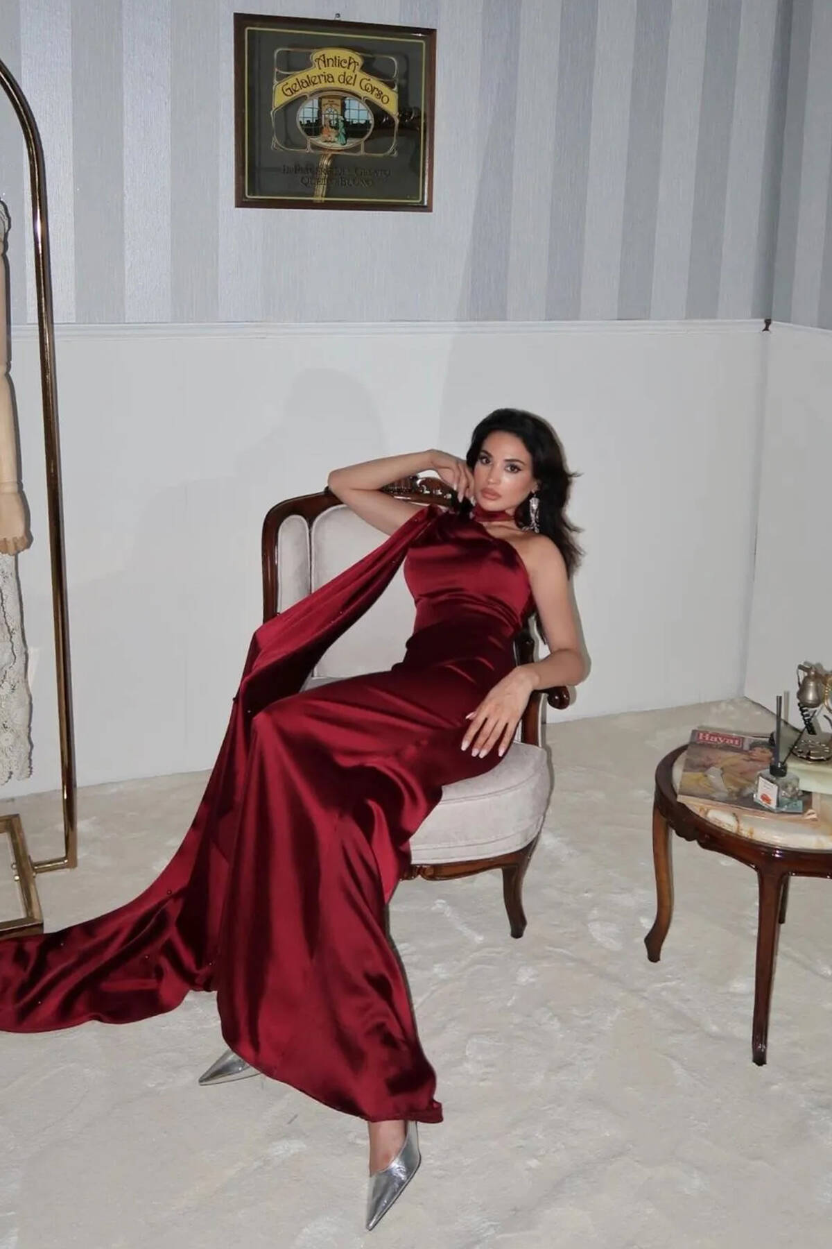 Bordo Yaka Kuşak Detaylı Tek Omuz Abiye 0801099.04 - Ardanewline (1)