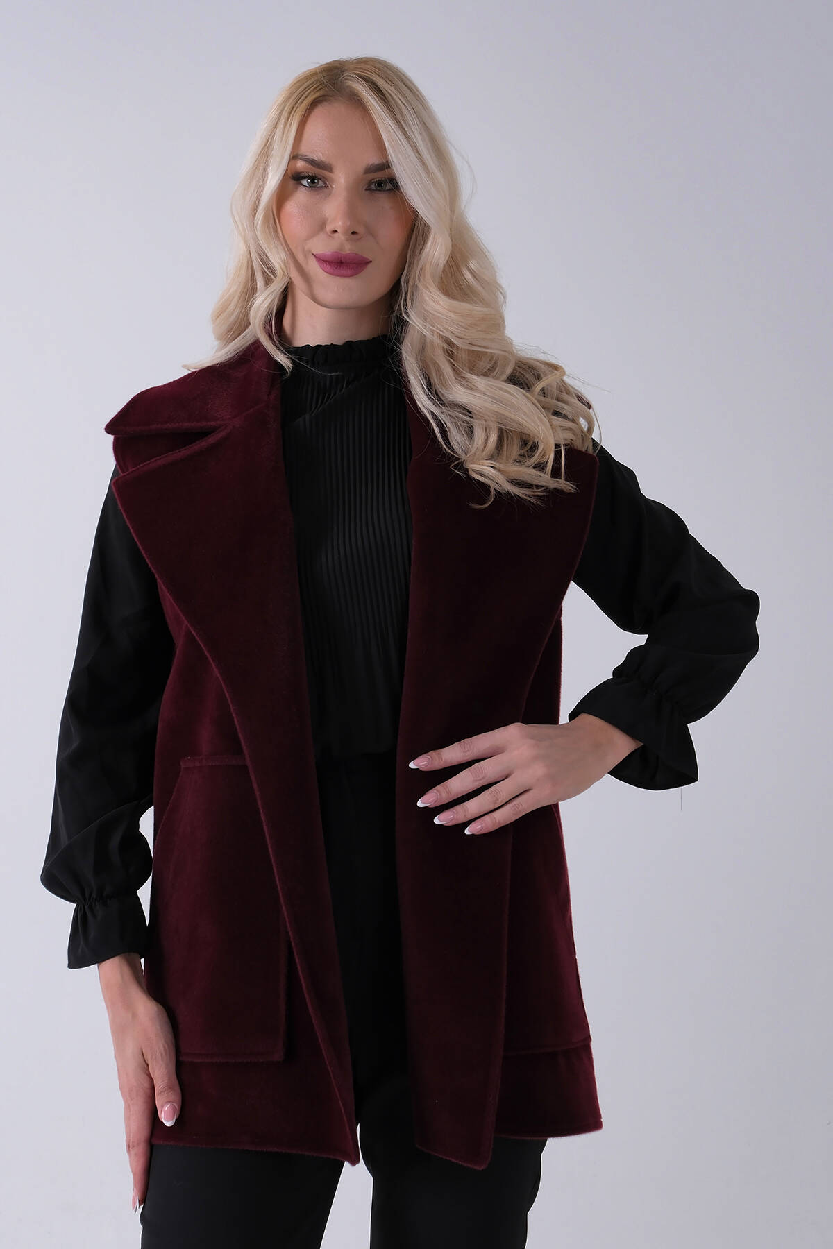 Bordo Yakalı Cepli 2 Düğmeli Kemer Bağlamalı Kaşe Yelek 5307107.04 - Ardanewline