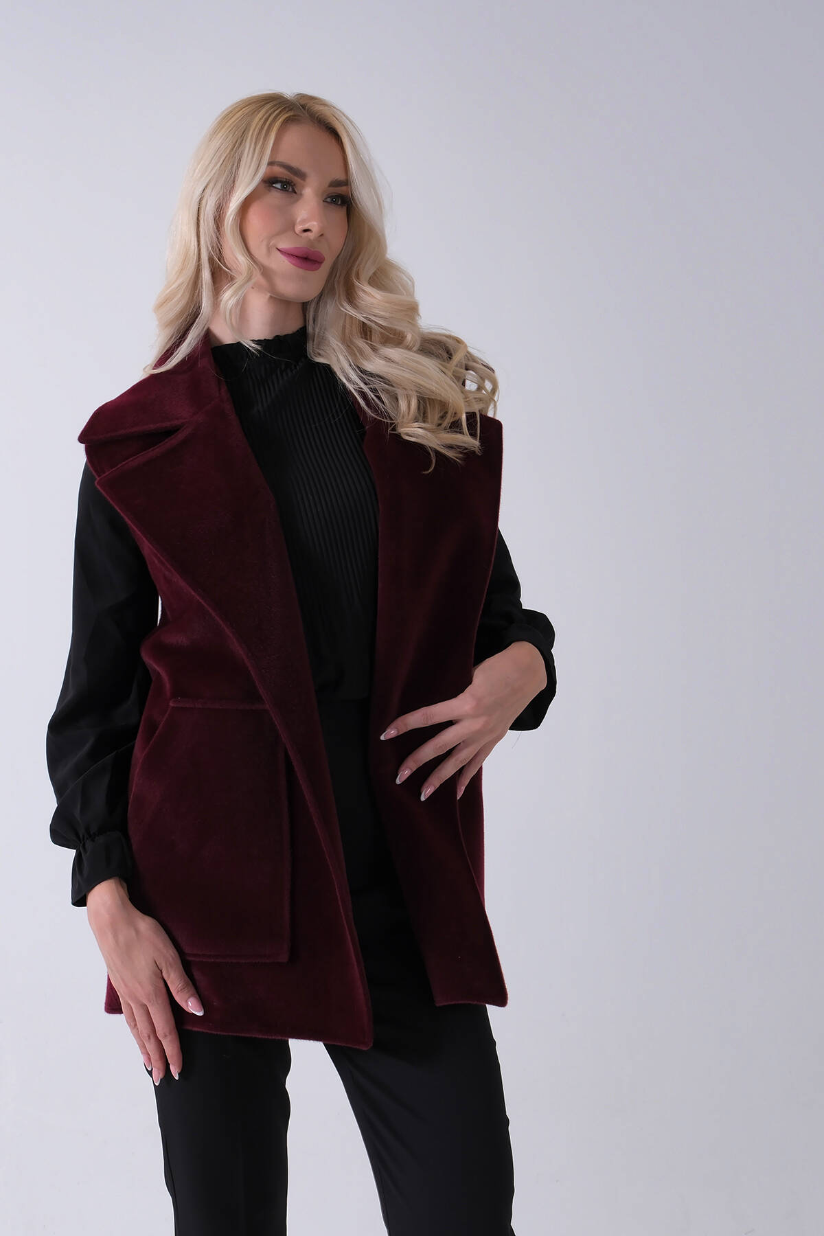 Bordo Yakalı Cepli 2 Düğmeli Kemer Bağlamalı Kaşe Yelek 5307107.04 - Ardanewline (1)