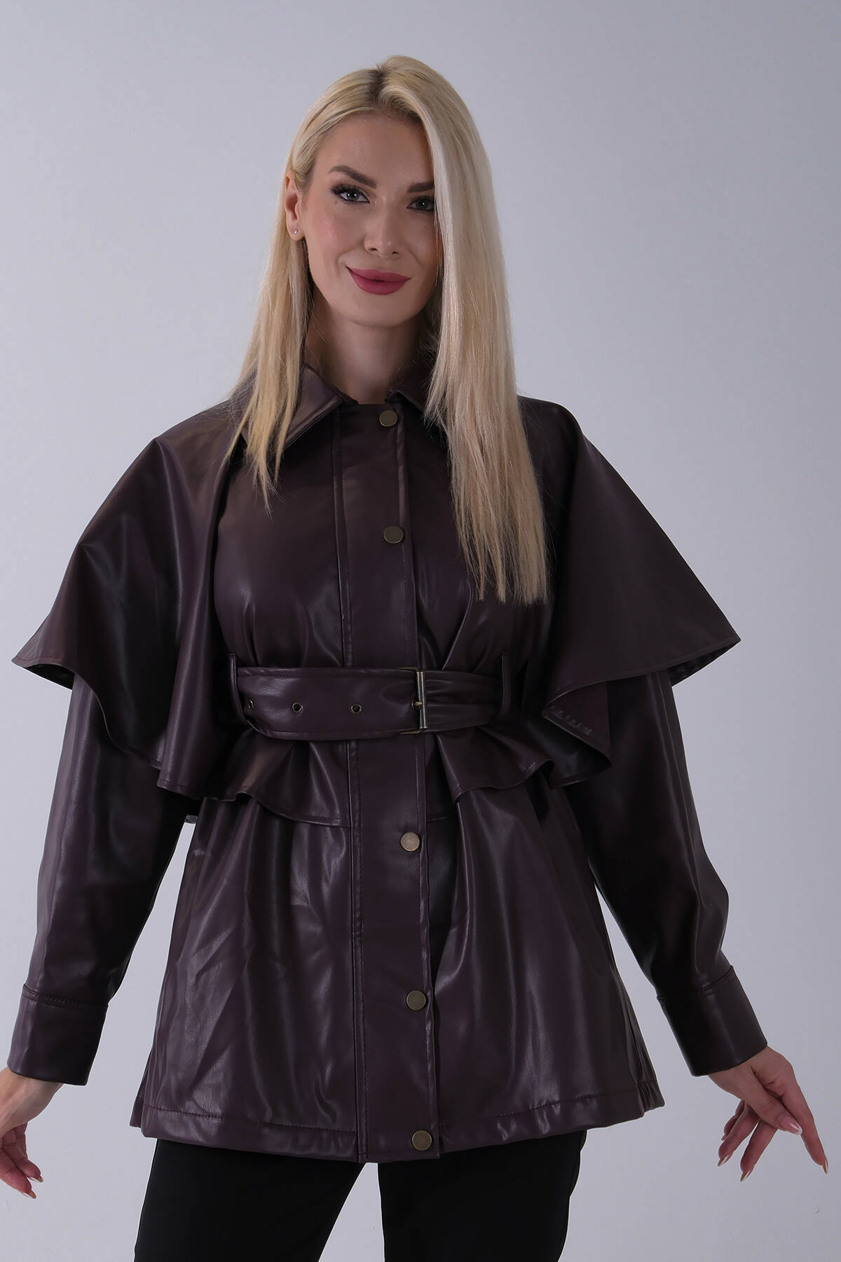 Bordo Yakalı Kendinden Pelerinli Kemerli Deri Ceket 5309366.04 - Ardanewline (1)