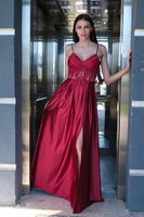 Bordo Yırtma Detaylı İp Askılı Saten Abiye Elbise 9704981.04 - 3